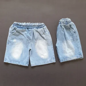 شلوارک اسپرت دخترانه پسرانه بچگانه ۱ تا ۸ سال جین (لی سنگ شور) زاپ دار 1